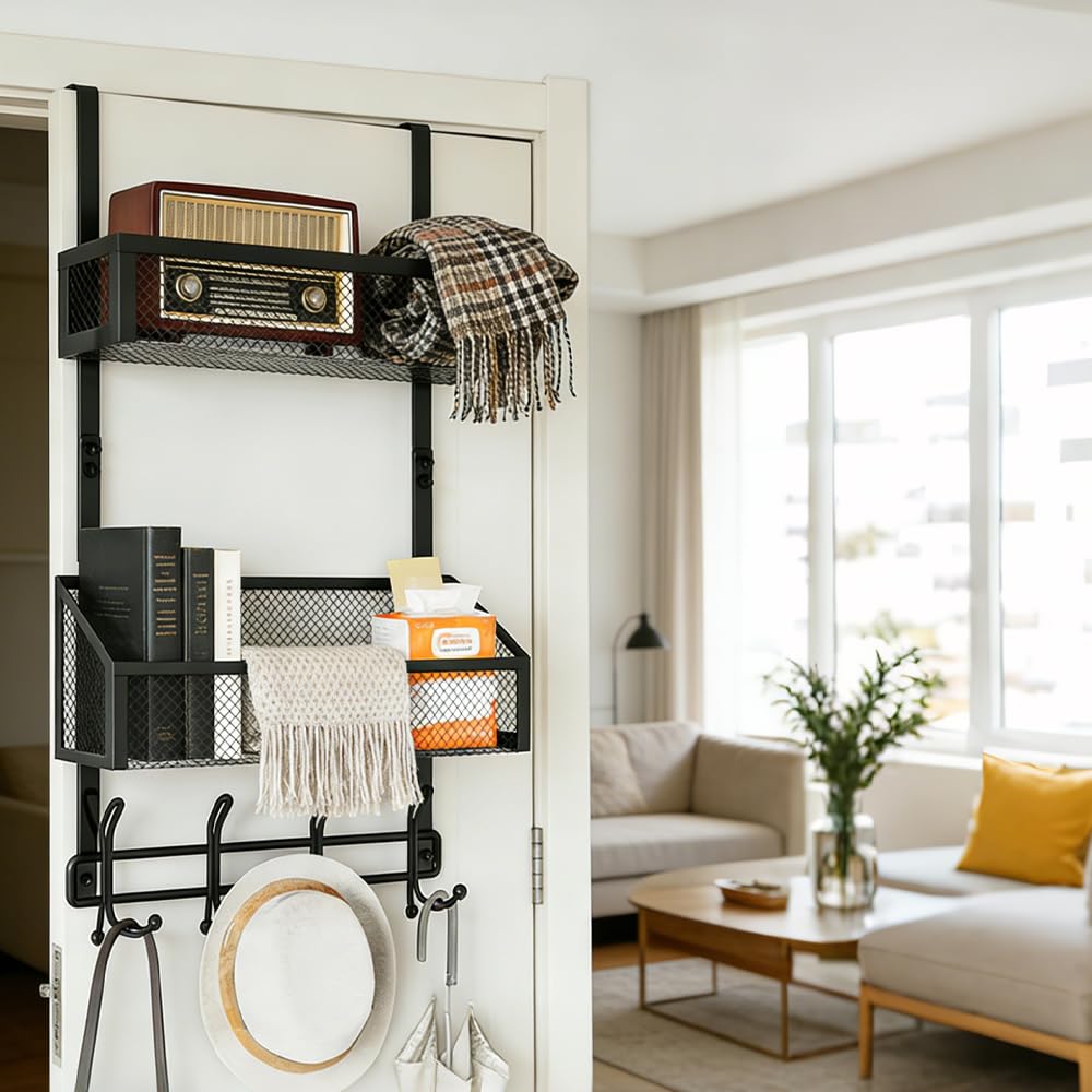 Appendiabiti da Porta con 4 Pz Ganci e 2 Pz Cestini in Rete,Organizer da Porta in Ferro da Appendere con Cestini per Bagno, Camera da Letto, Cucina, Ufficio