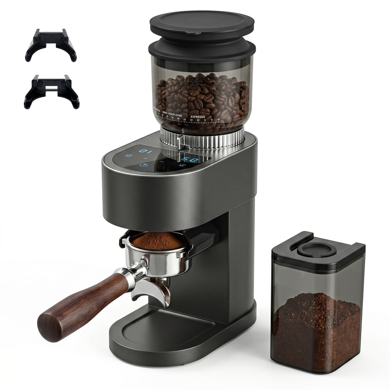 Molinillo de café eléctrico, 60 grados de molienda, cono de 48 mm, molinillo de granos de café con soporte para filtro y fuelle, pantalla táctil digital, para café expreso, prensa francesa, café