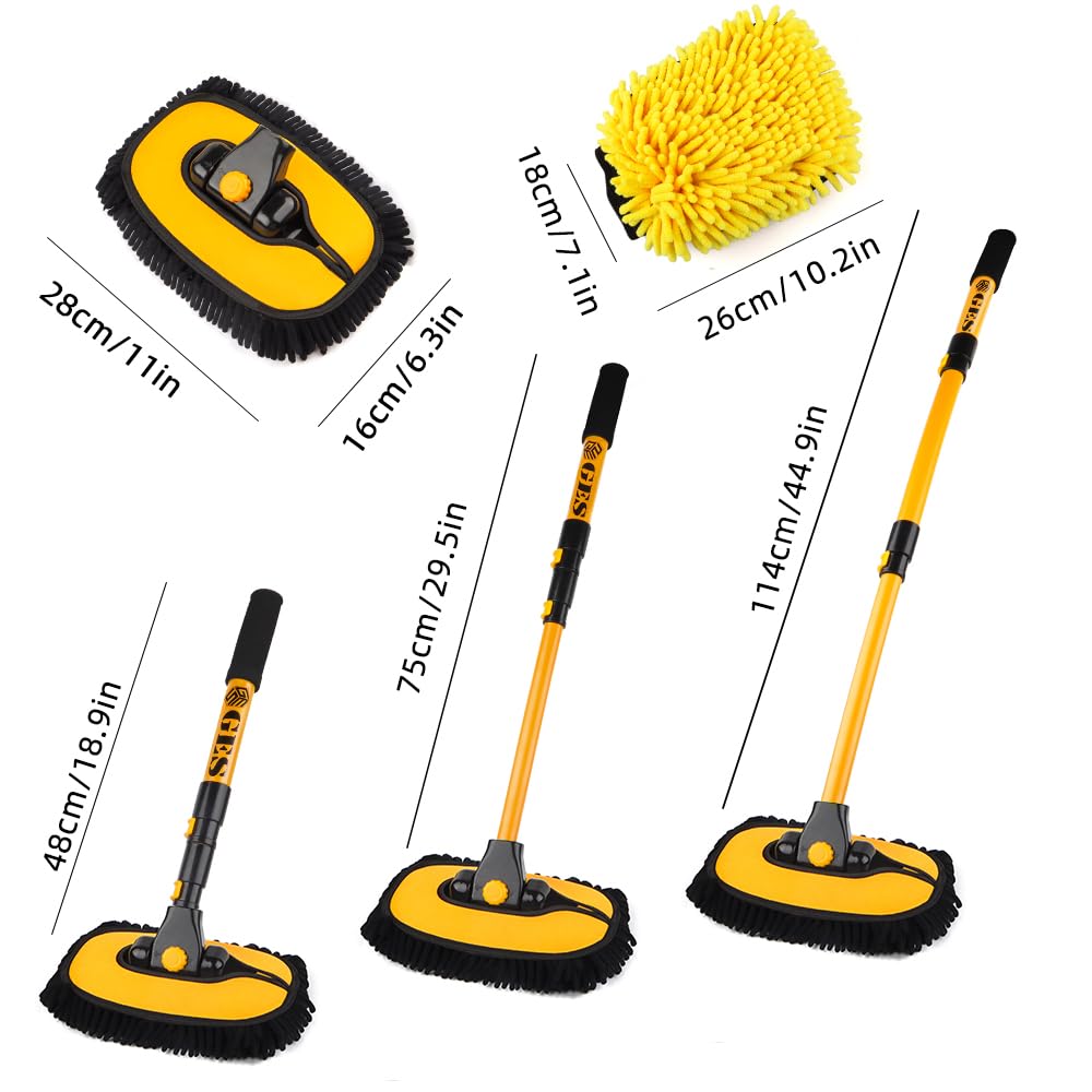 GES Brosse de lavage de voiture de 43 pouces, brosse de nettoyage de voiture avec manches extra-longues extensibles incurvées à 15° pour laver la voiture, la caravane, le van, le camion, kit de