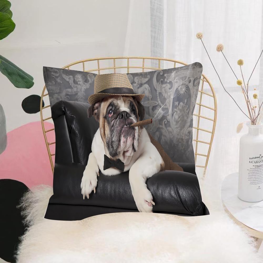 HYOSXW Cushion Cover,Throw Pillow Case Home Decorative for Living Room Bedroom Sofa Chair 16X16 Inch,Portrait of English Bulldog Resting in a Black Leather Armchair with a Cigar,Pillowcase 40X40cm