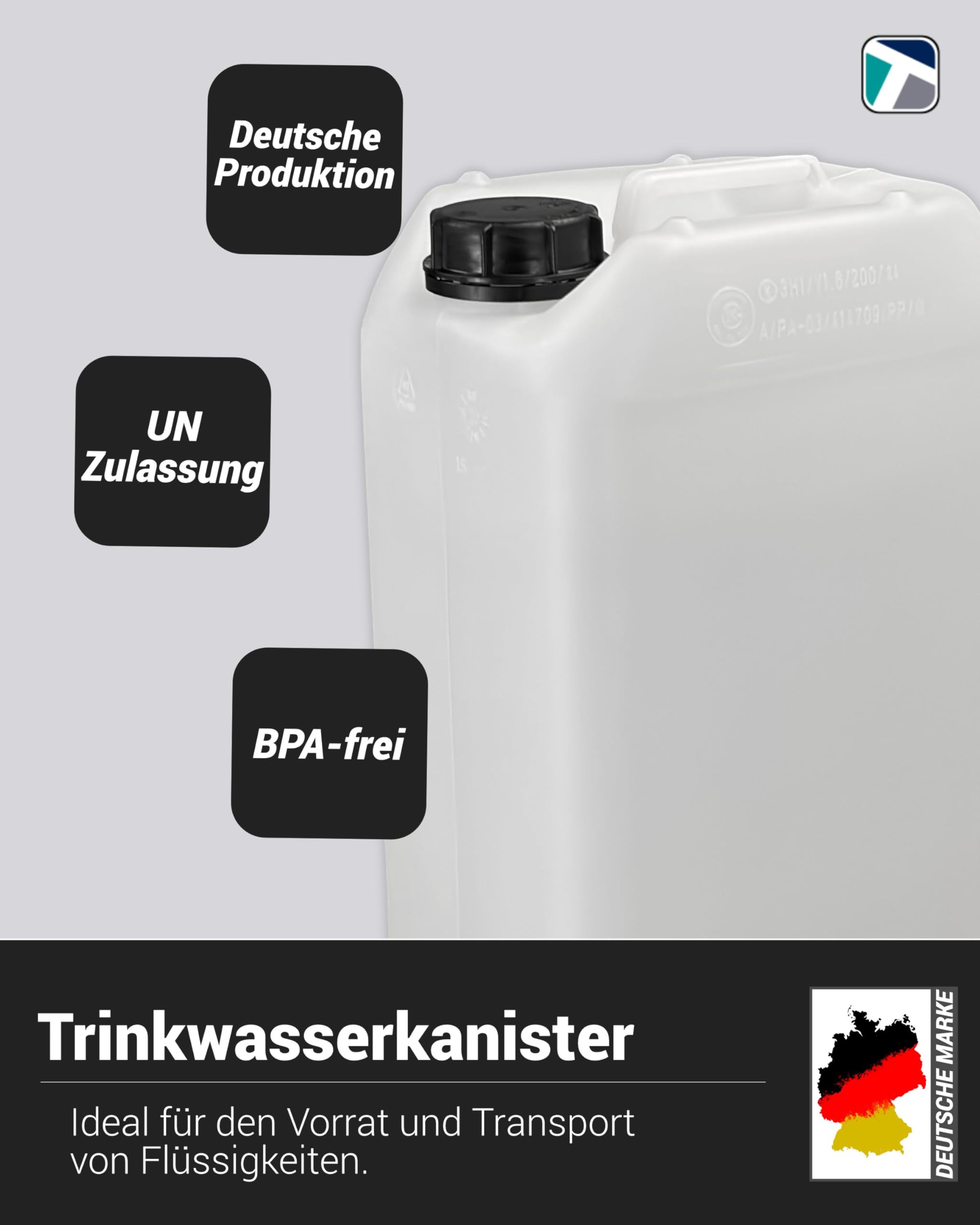 Trevendo 6er Pack 15 Liter Leerkanister (DIN 61, Ø49 mm) - Lebensmittelecht - BPA-frei - Ideal für Camping, Reisen und mehr - inkl. Beschriftungsetiketten, Auslaufhahn und Ausgießer Flex