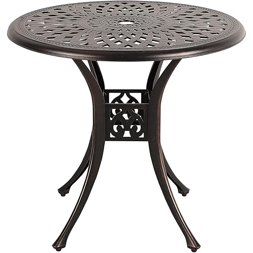 COBANA Patio Bistro Table, 31’’ Round Cast Aluminum Outdoor Dining Retro Side Table with 2’’ Umbrella Hole, Bronze
