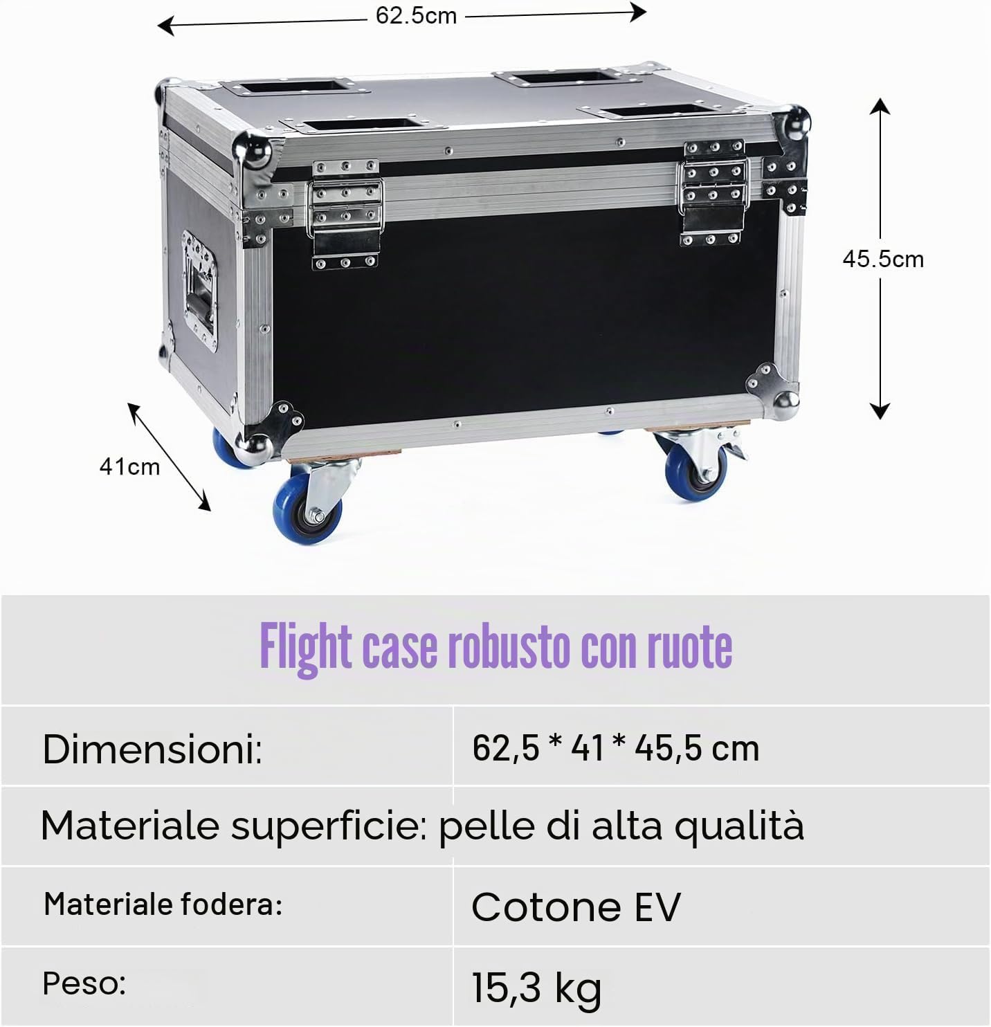 Flightcase per 180W Par LED, 62,5 x 41 x 45,5 cm, 15,3 KG, Valigetta di trasporto con Ruote e Maniglia Retrattile per un Facile Trasporto per Luci Par da Palco