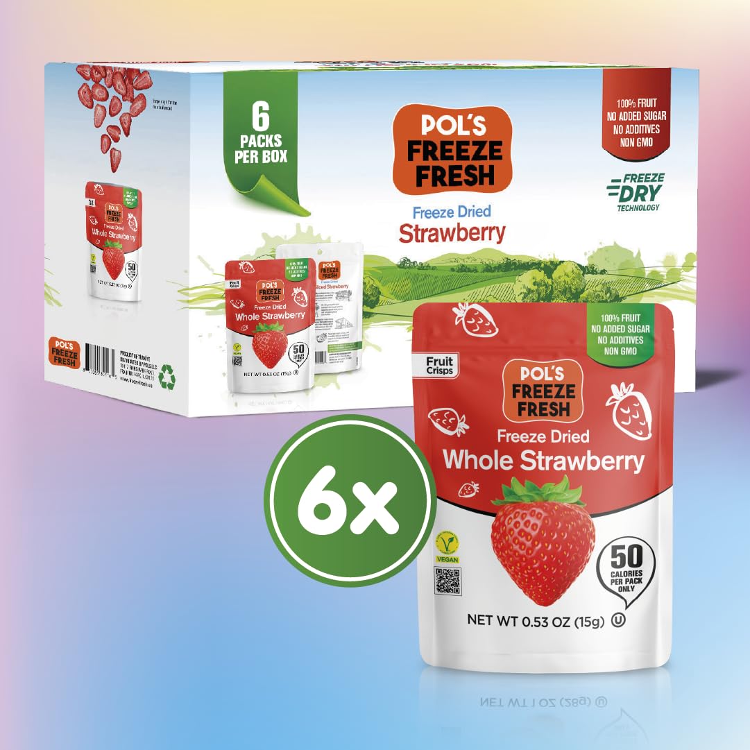 Pol's Fresh Freeze Dried Strawberries Whole, Single Ingredient, No Sugar Added, 6 Pack (0.53 oz Each) - Crispy Crunchy Healthy Fruit Snacks for Cereal, Yogurt & Smoothies, Gluten Free, Vegan, Kosher