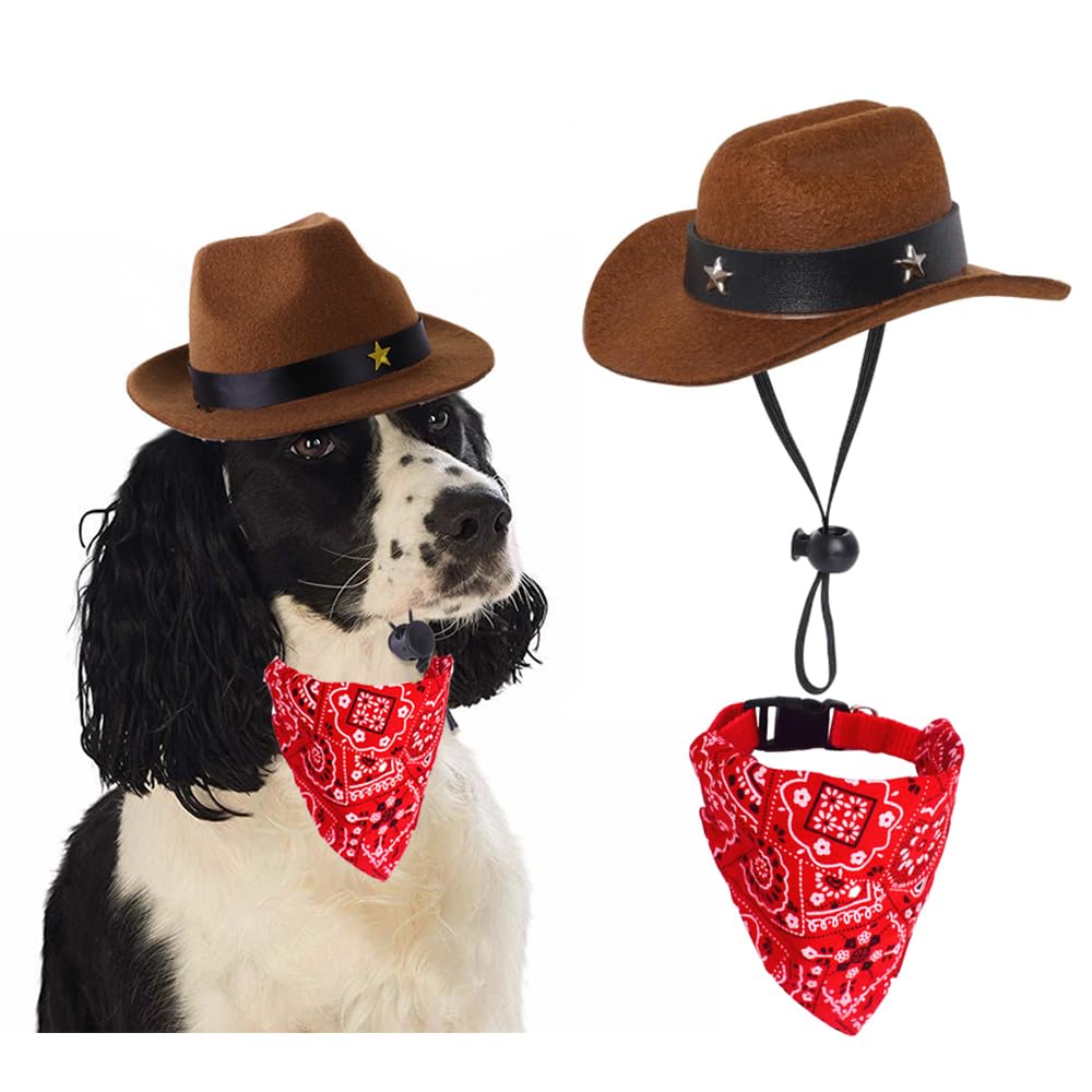 Dog Cowboy Costume Mini Brown Cowboy Hat Pet Bandana Halloween Costume for Cat Size L
