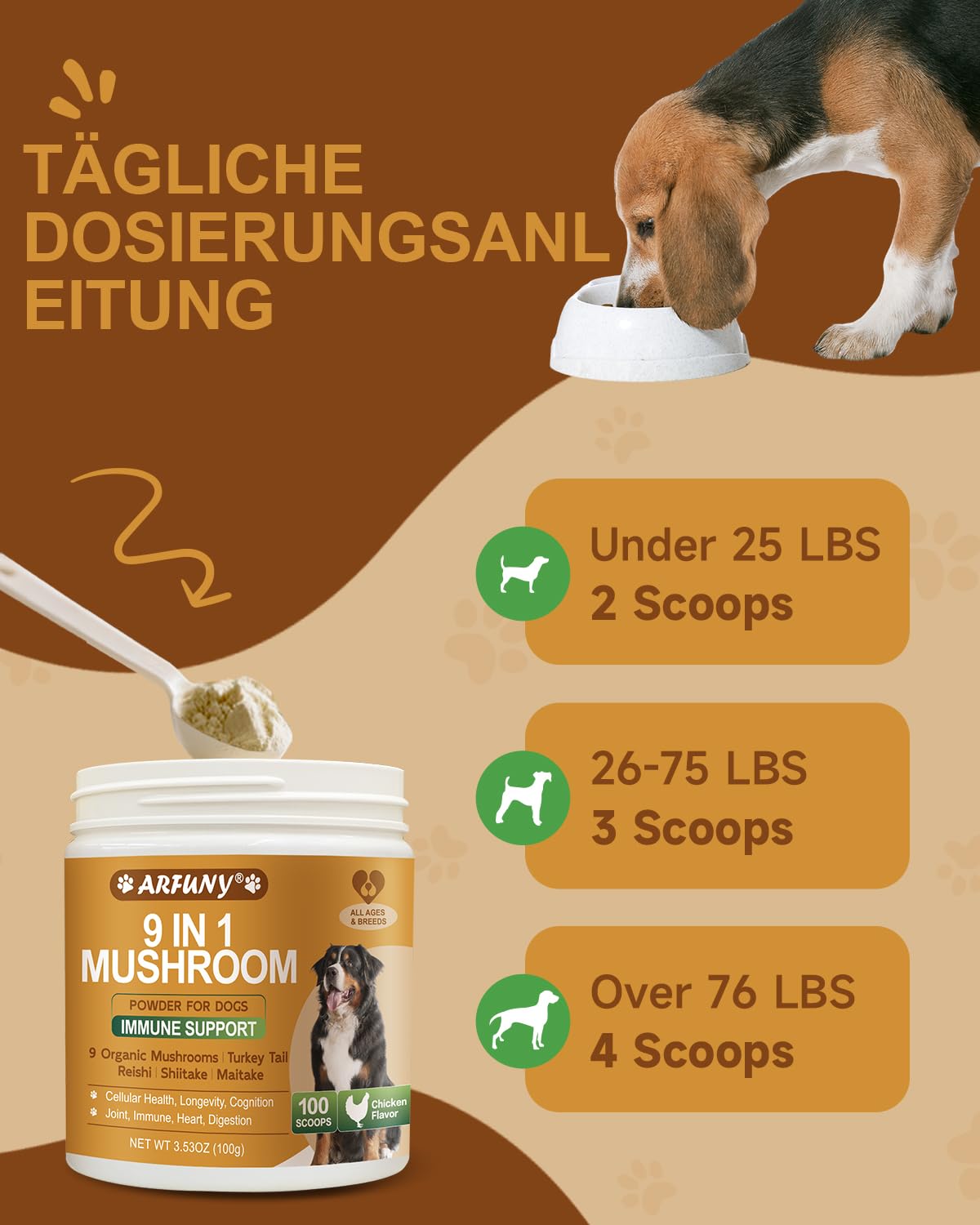 9 en 1 Hongos para Perros, Apoyo inmunitario, Polvo con Sabor a Pollo | Suplemento de hongos para perros, Sistema digestivo, piel, articulaciones, con 9 hongos