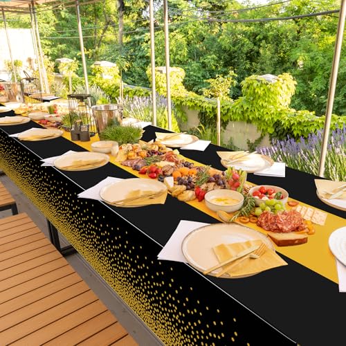 Image of 12Pcs Black and Gold Tablecloth Party Decorations,Plastic Black Table Cloth Printed Gold Table Runner Disposable Rectangle Table Cover for Birthday Retirement Anniversary Graduation Party,54 x108 Inch