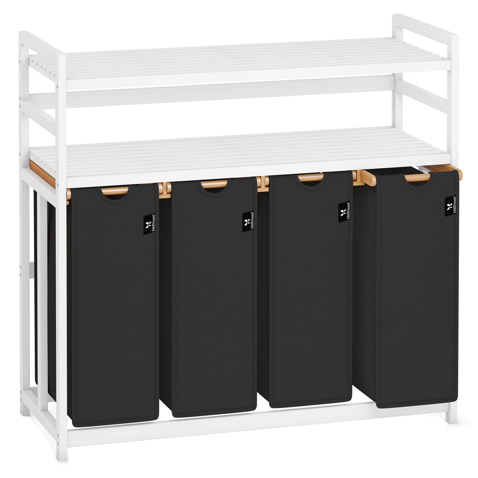 AdelDream - Cesto para la colada (200 L, 4 compartimentos, 2 estantes, bambú) | Clasificador de ropa sucia de 4 x 50 L, extensible, extraíble, doble estante, color blanco y negro