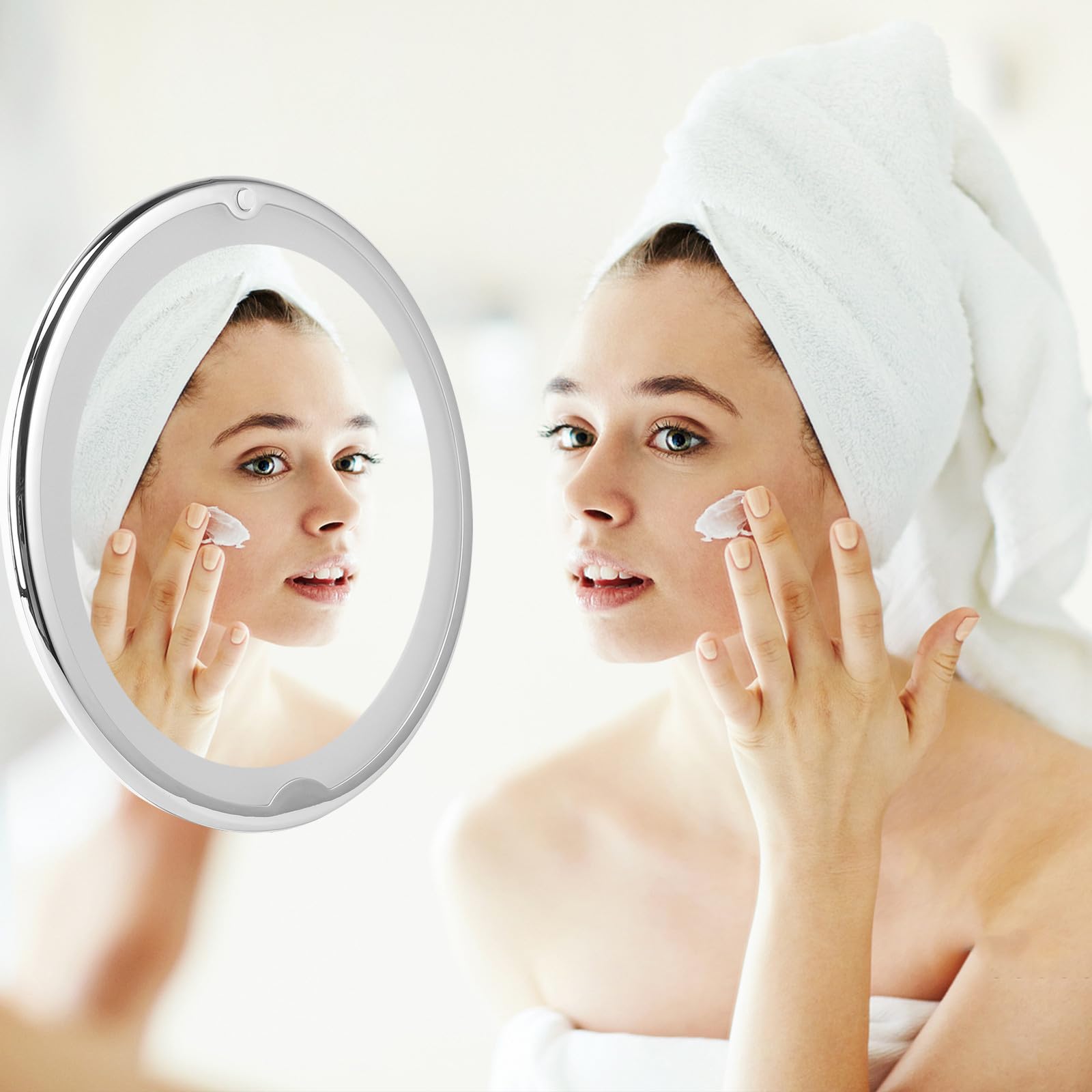 Angoily Specchio da Trucco Rotondo Ingrandimento con LED Luce Fredda Ventosa Potente per Bagno e Vanità senza Batteria Bianco Elegante