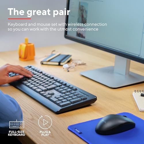 Trust Primo Tastatur Maus Set Kabellos Deutsches QWERTZ Layout, Flachen Tasten, Spritzwassergeschützt, Beidhändig Funkmaus, EIN USB-Empfänger, Kabellose Tastatur für PC Computer Laptop Mac