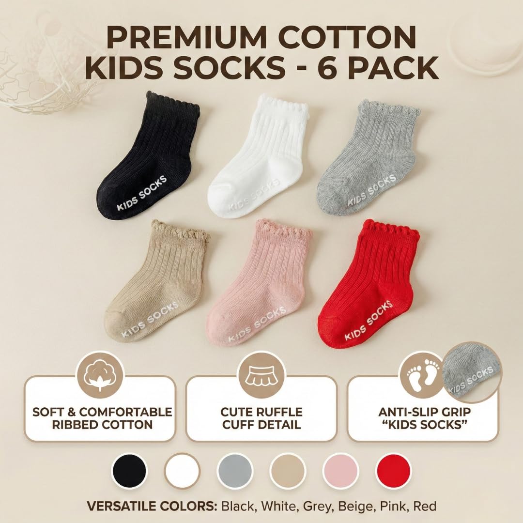 HUNTSMANS ERA Toddler 100% Organic Cotton Baby Girl Anti-Skid Ankle Socks - Non-Slip Ruffle Frilly Socks with Grips (PACK OF 6) (IN, Age, 6 Months, 12 Months, 6, MULTICOLOR-1) 2