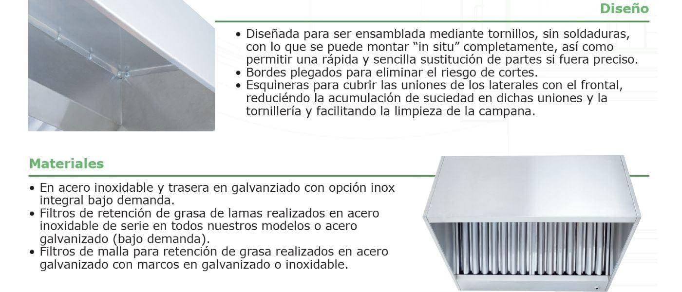 Campana Extractora Industrial Modelo Rectangular en Acero Inoxidable para Pared o Central a Techo - 4 Filtros - 2008mm