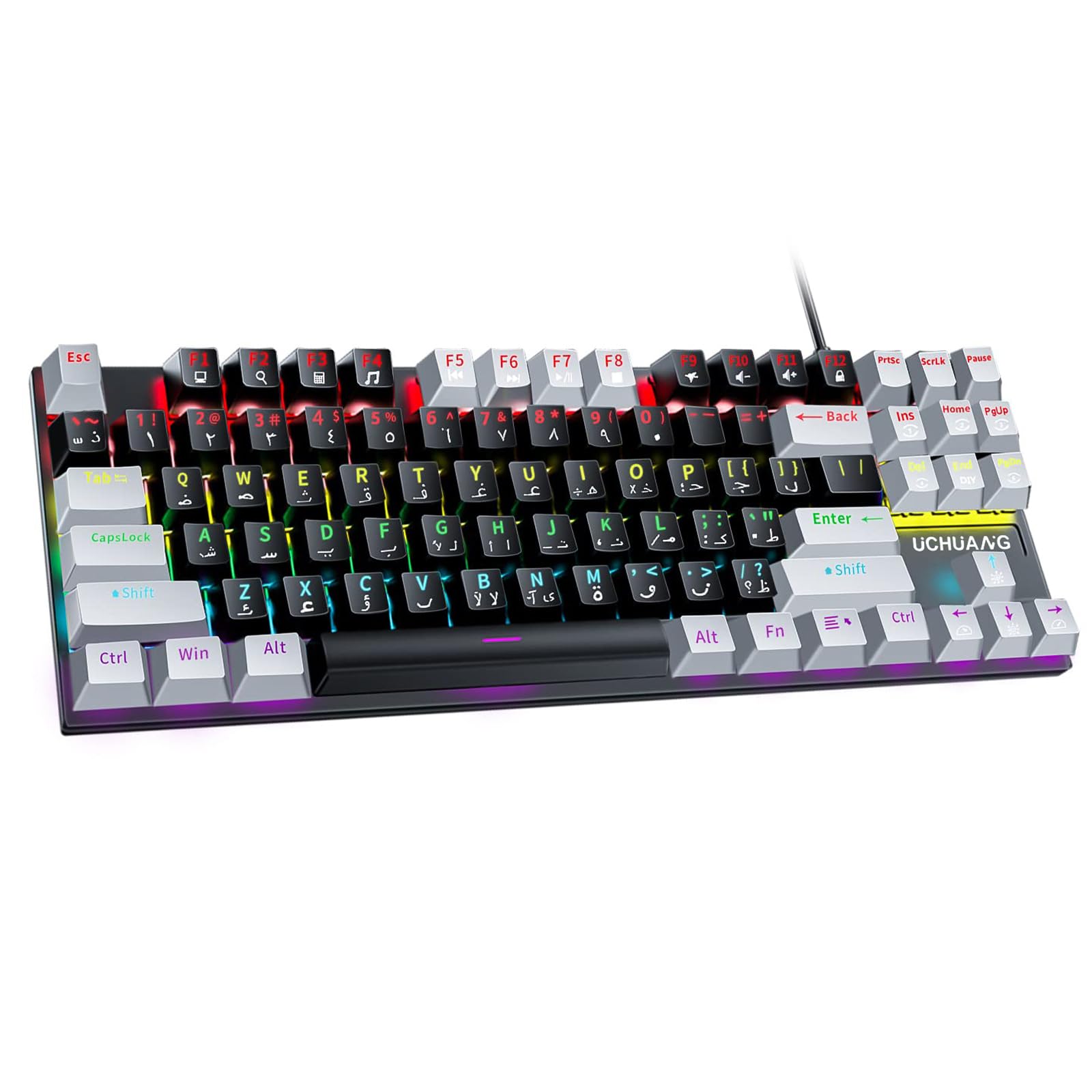 UCHUANG English Arabic Mechanical Gaming Keyboard with RGB LED Rainbow Backlit, Quick Response USB Wired Waterproof 87 Keys Keyboard for Windows/MacOS/Android PC Gamers - Black Gray/Blue Switch