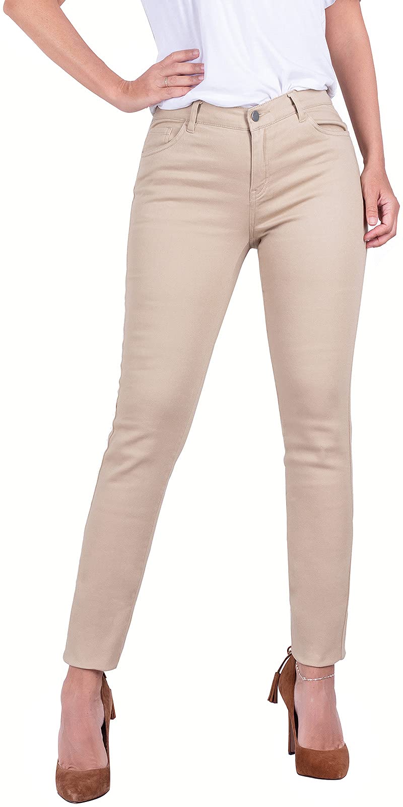 Womens Super Stretch Flexible Fit 5 Pocket Mid Rise Bermuda Pants