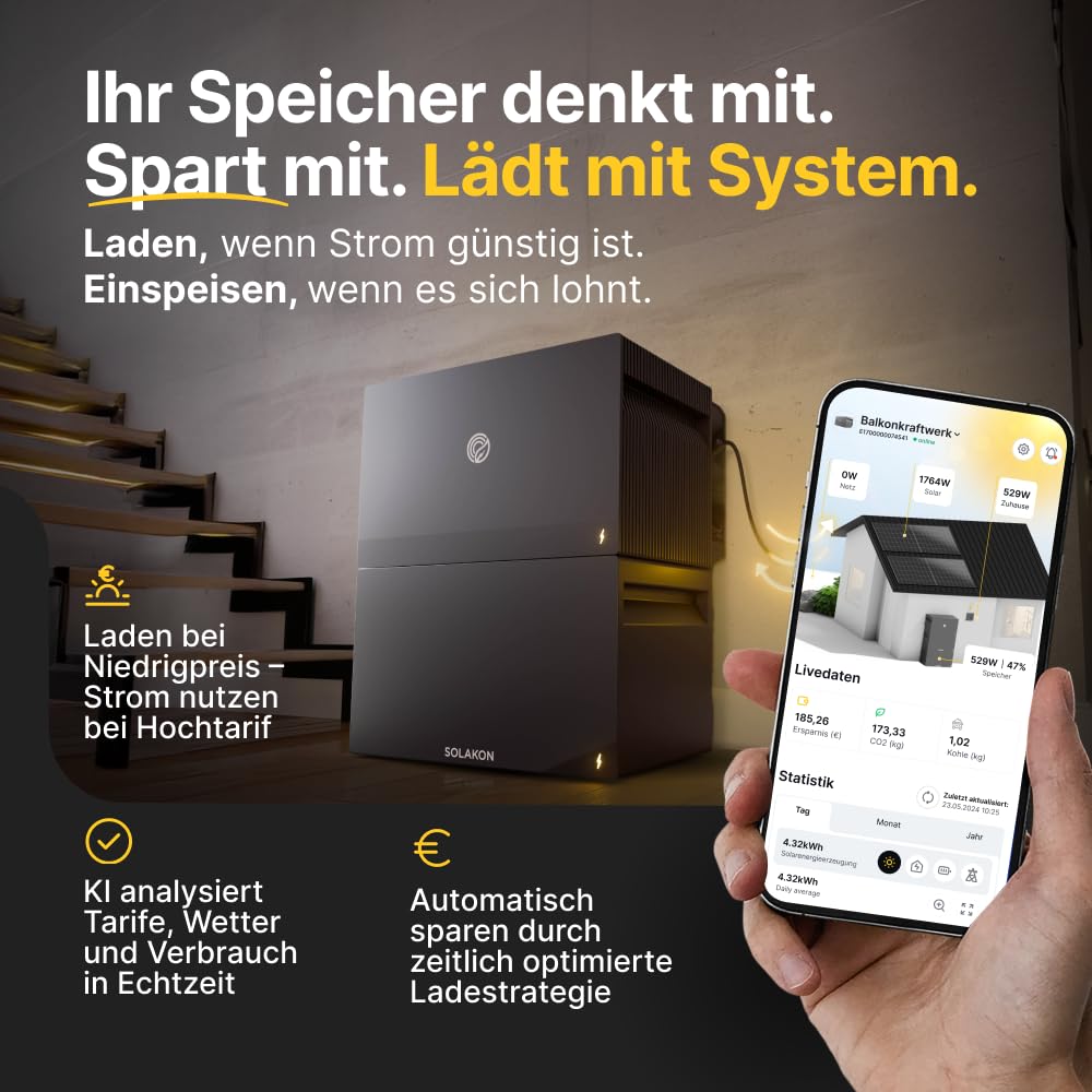 Solakon® ONE All-in-One Balkonkraftwerk Speicher mit 2,11 kWh Kapazität, 2600W über 4 MPPTs, KI-Funktionen, Nulleinspeisung, einheitlichem App-Ökosystem, Plug & Play