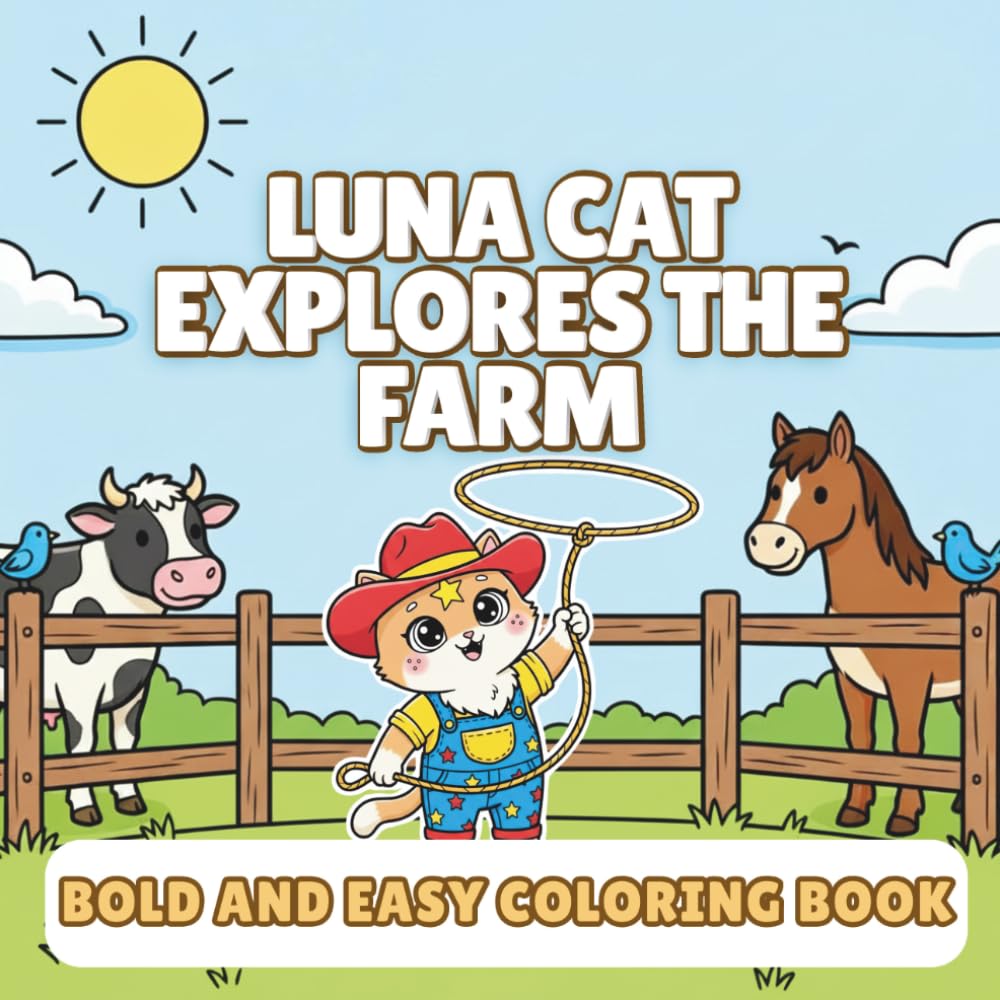 Bold and Easy Farm Animals Coloring Book for Kids: Luna The Cat Explores the Farm | Big & Simple Designs for Ages 4-8 (Square 8.5 x 8.5 Edition)
