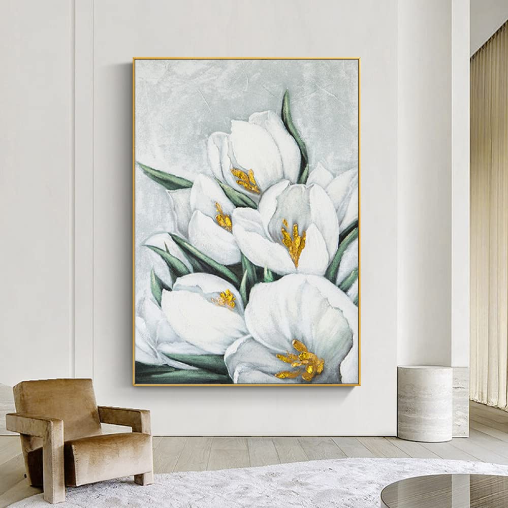 Peinture tulipe feuille d'or : toile texture 3D paysage floral bleu pour salon