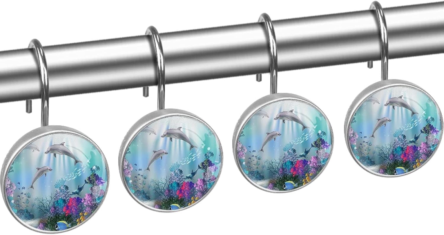 LORVIES Sea World Dolphin Shower Curtain Hooks Set of 12, Stainless Steel Shower Hooks Decorative Hanger Rings Rust Resistant for Bathroom Kids Room Fashion Home Decor