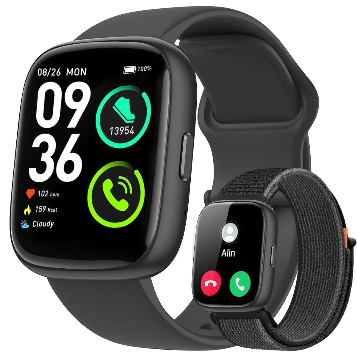 Relógio Smartwatch Masculino, Tela HD de 1,8" Relógio Smartwatch com Alexa, 100 Esportes, Frequência Cardíaca e Monitoramento do Sono, IP68 à prova d'água, Compatível com Android iOS, 2 Pulseiras