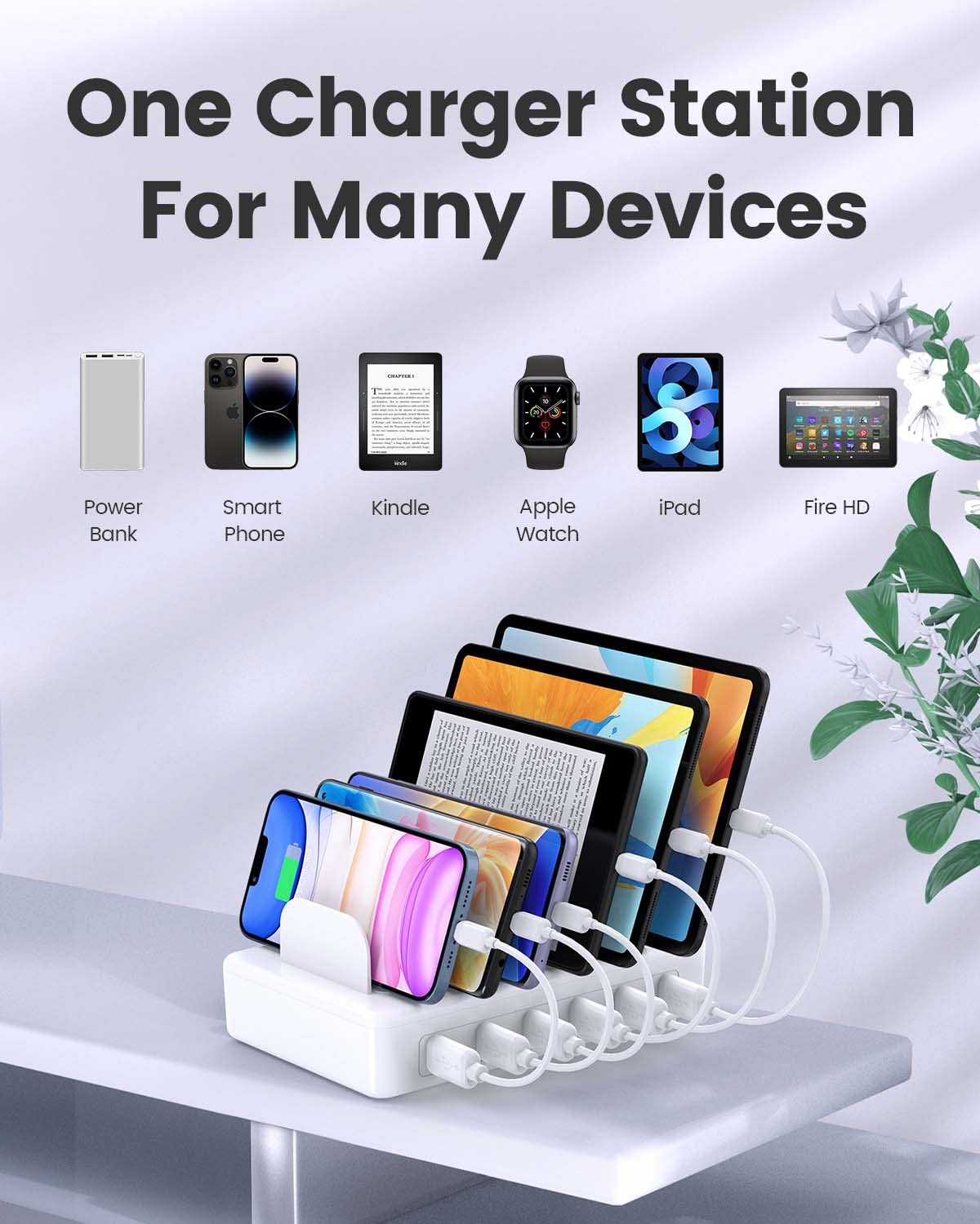 Ladestation für mehrere Geräte Apple, CREATIVE DESIGN 50W Multi Ladestation mit 6 USB Ports & 6 Kabel, Ladestation für Apple, Android Handy, iPad, Kindle, Tablet und andere elektronische