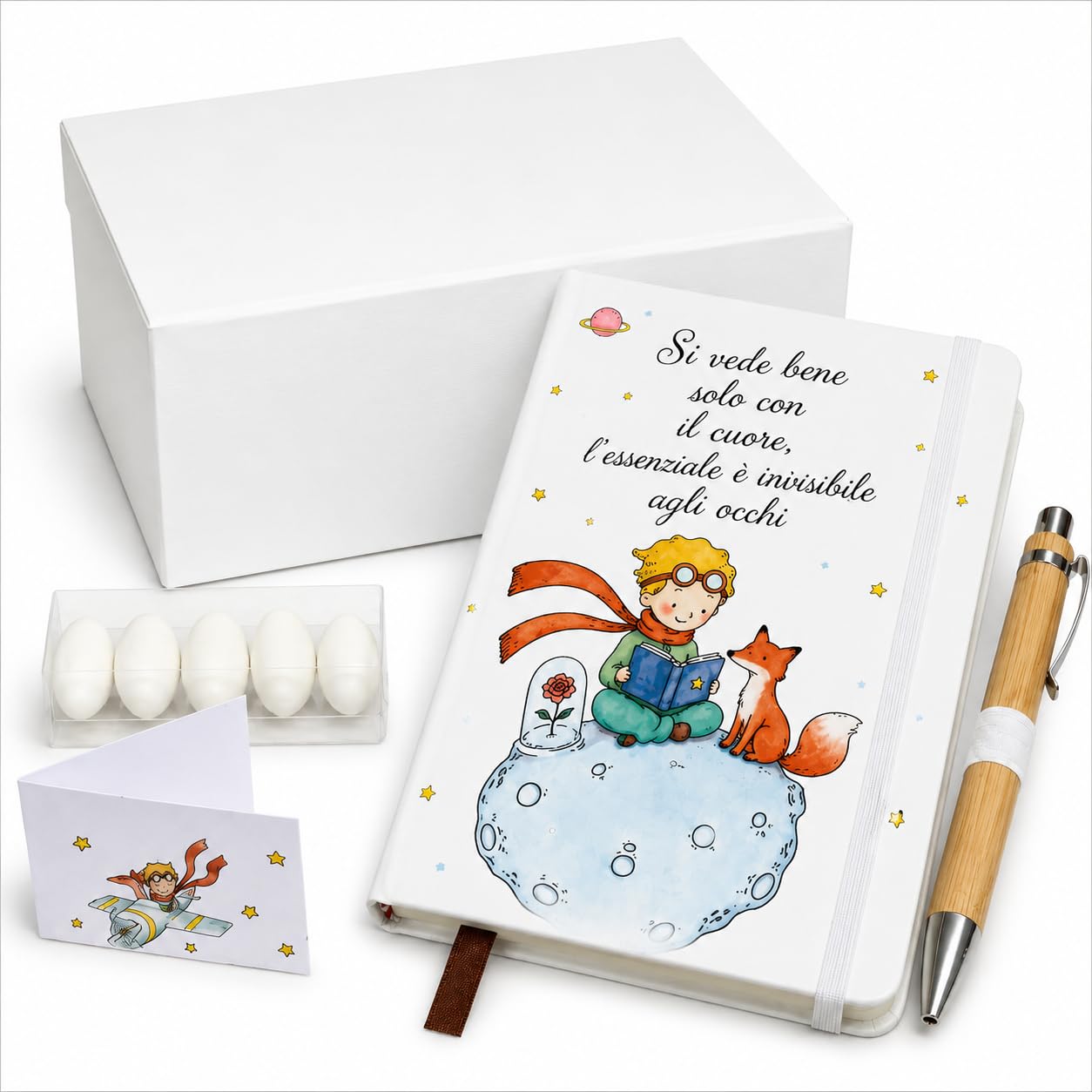 Set 6 Bomboniere Piccolo Principe – Notebook Illustrato con Penna in Bamboo, Scatola Regalo e Bigliettino a tema. Battesimo, Comunione, Compleanno, Regalo