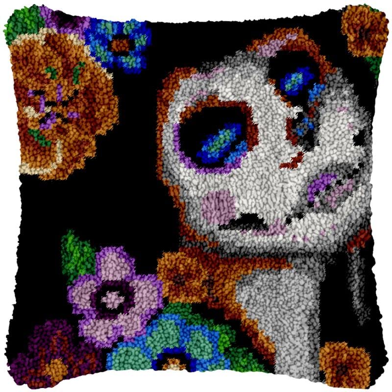 Skull Girl Latch Hook Kits Pillow Cover for Beginner Color Printed Canvas Yarn Crocheting Cushion Hook and Latch Pillowcase Sofa Decoration 43x43cm