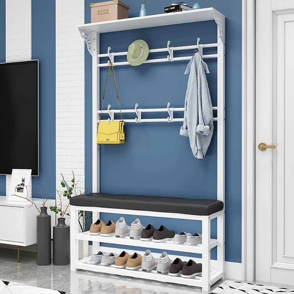 MYUYEE Clothes Rack With Hooks, Robust Metal Coat Rack With Bench And 9 Removable Hooks, Multifunctional Bedroom Wardrobe With Shoe Rack 100X30X172Cm(100X30X172Cm D-D)