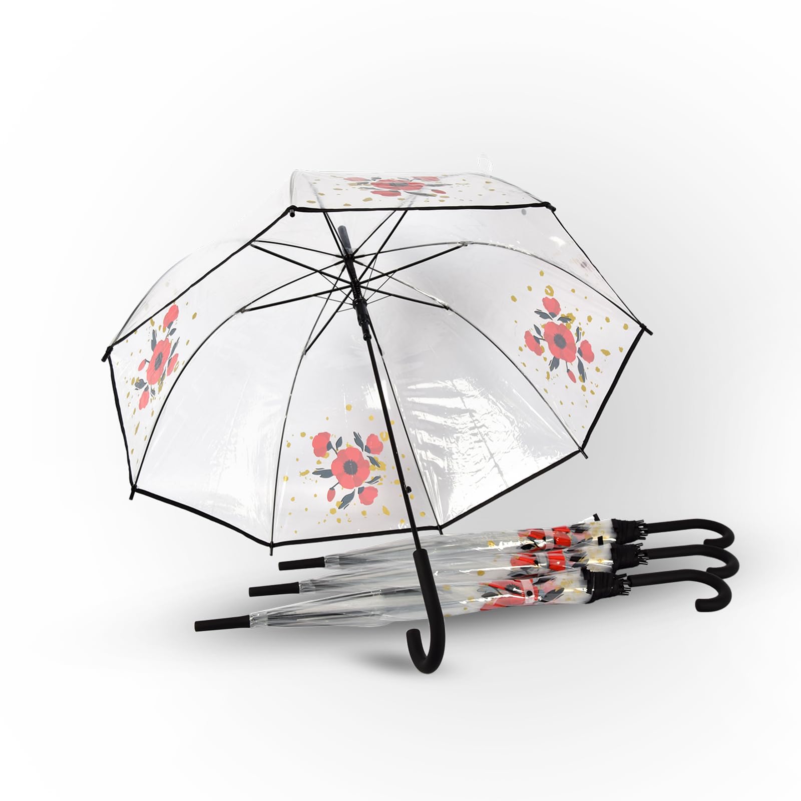 Parapluie Dôme à Motif Floral, Lot de 4, Parapluie Pluie Transparent, 86cm de Diamètre, 8 Côtes, Unisexe, Ouverture Automatique, Transparent, 84X86cm
