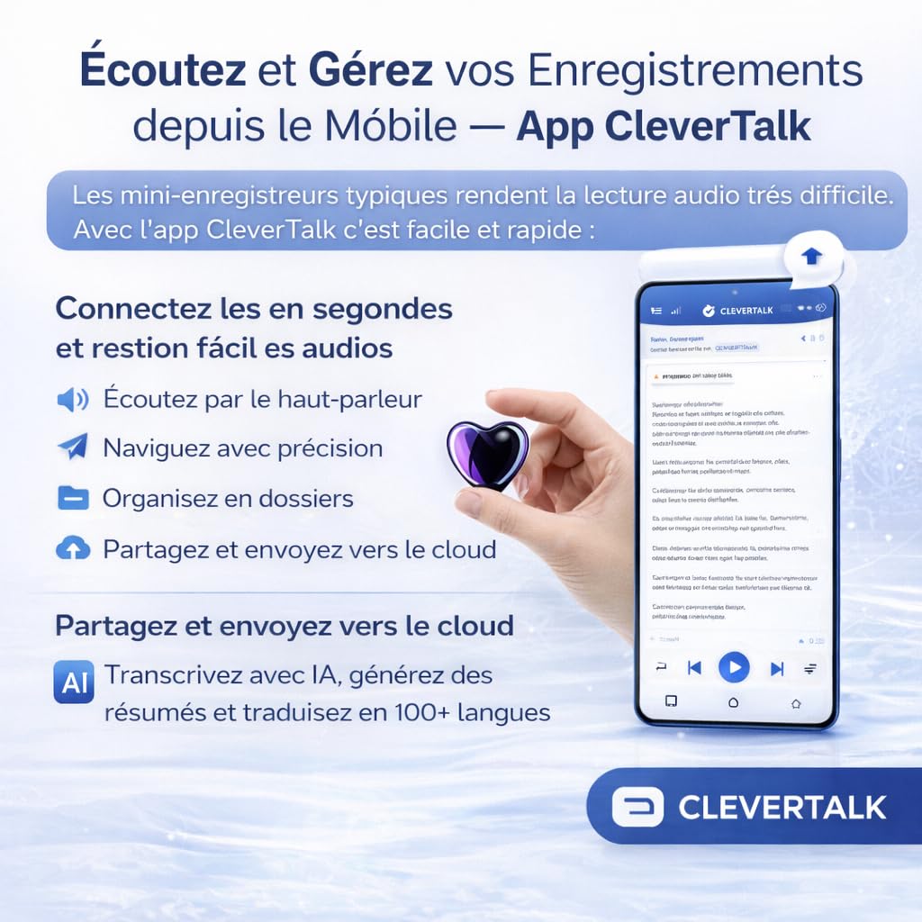 CleverTalk Heart Enregistreur Vocal avec IA | Activation Vocale | App Mobile, Mac, Windows et Web | Cloud Européen RGPD | 64GB | Audio HD 1536kbps | USB-C
