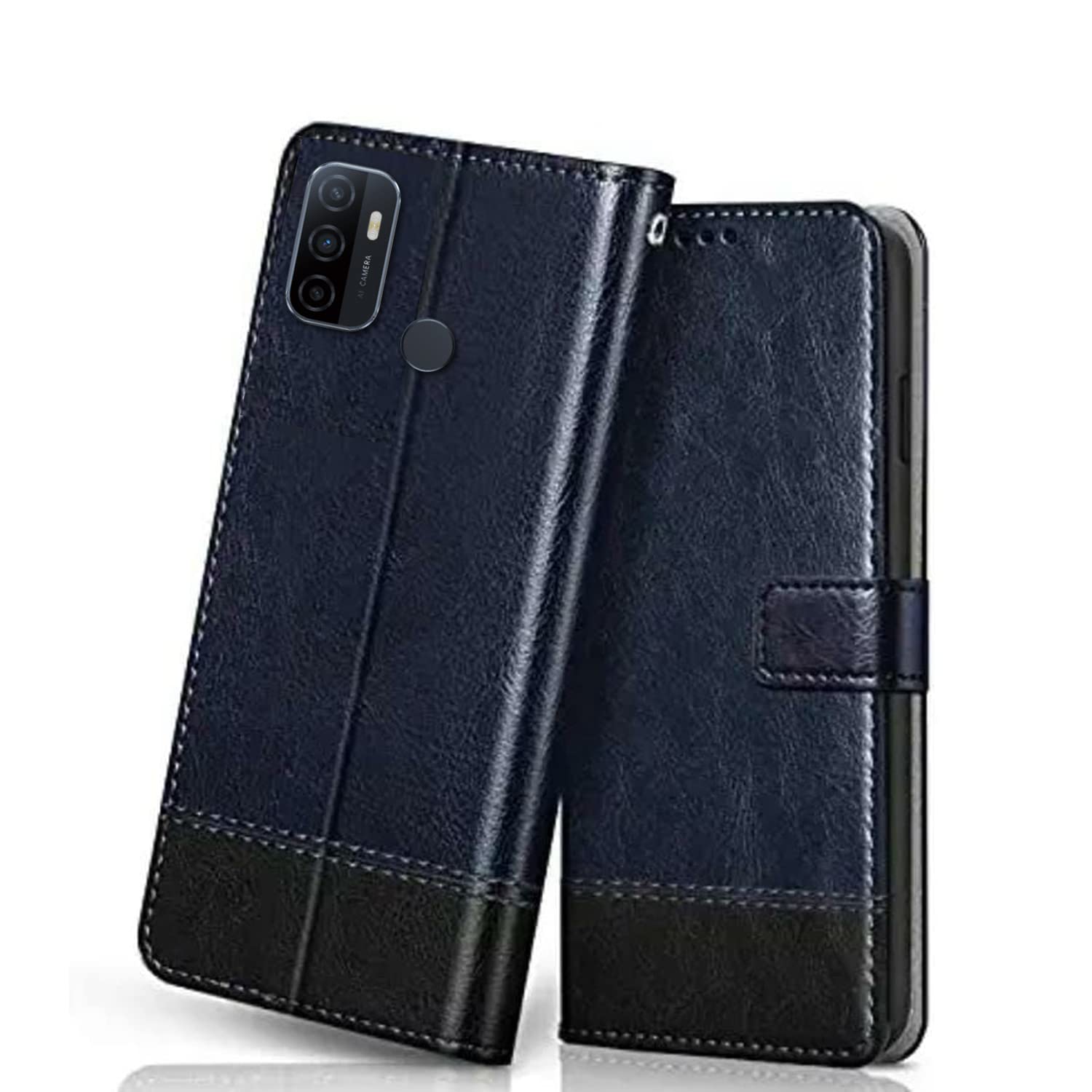 Winkel Premium Vegan Leather Dual Flip Magnetic Mobile Cover Case | Kickstand & Card Holder | 360 Degree Grip Protection| Wallet Type with Magnetic Closure for Oppo A33|A53 -(Blue with Black) (B09MB3KHFZ) Amazon Price History, Amazon Price Tracker