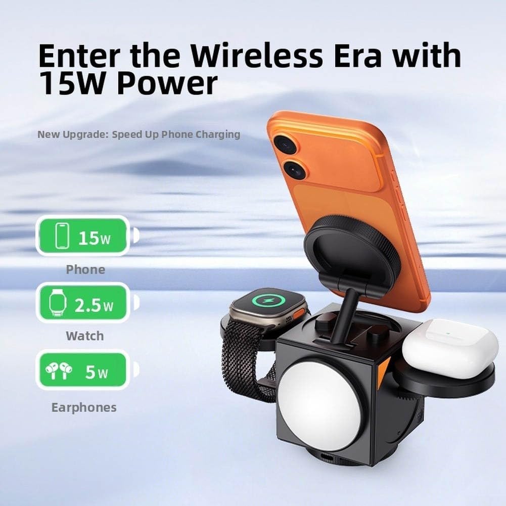 Cargador inalámbrico 3 en 1 para, estación de carga magnética de 15 W con soporte de luz de reloj para auriculares de reloj de teléfono uso simultáneo (gris oscuro)