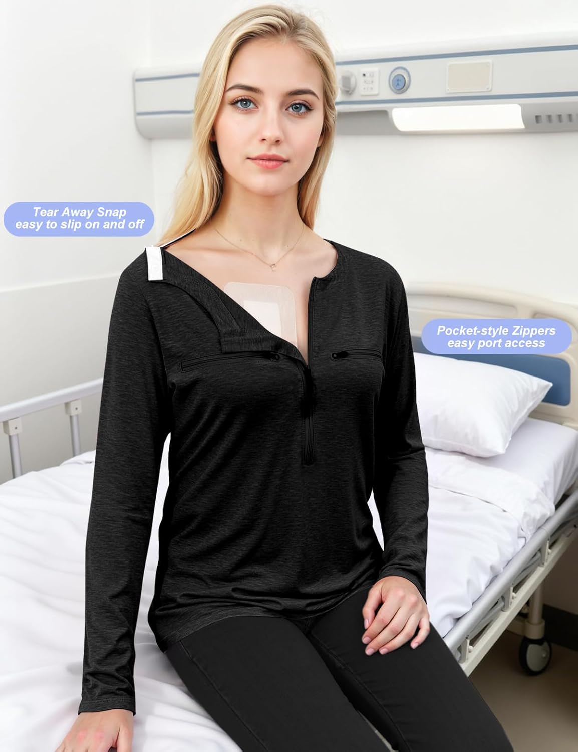 Chemo Port Shirts for Women 2 Side Snaps Long Sleeve Wear Post Surgery Recovery Tee Snap Tear Away Side Zippers Off Shirt - Image 4