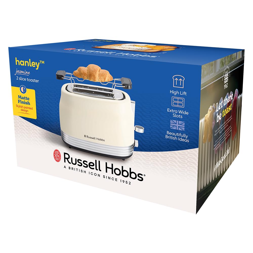 Russell Hobbs Toaster [für 2 Scheiben] Hanley Crème-Weiß (6 Bräunungsstufen, extra breite Toastschlitze, Auftauen/Aufwärmen/Stoppfunktion, Brötchenaufsatz, Krümmelschublade, Lift & Look) 28650-56