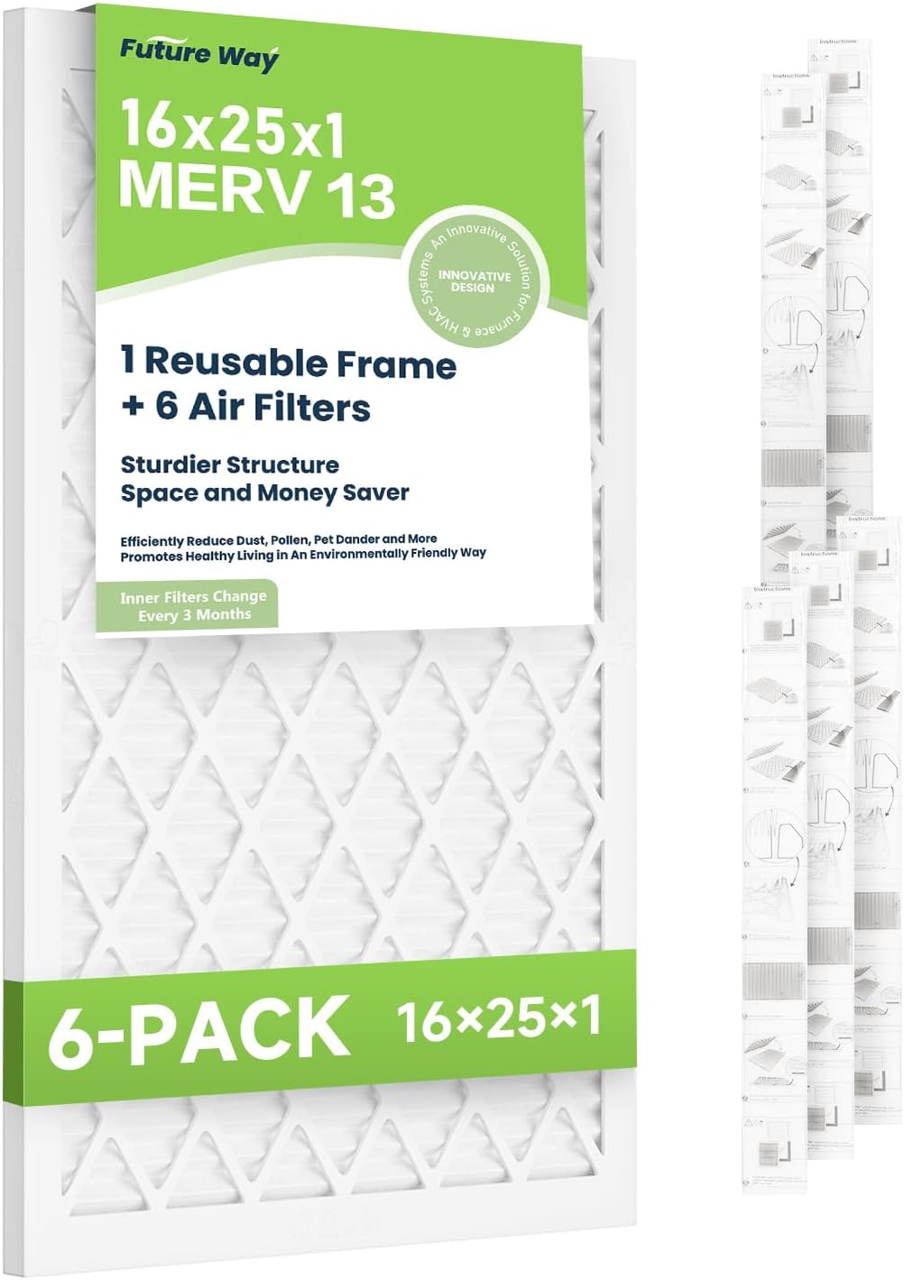 Future Way 16x25x1 Air Filters, 6Pack with Reusable Frame, MERV 13