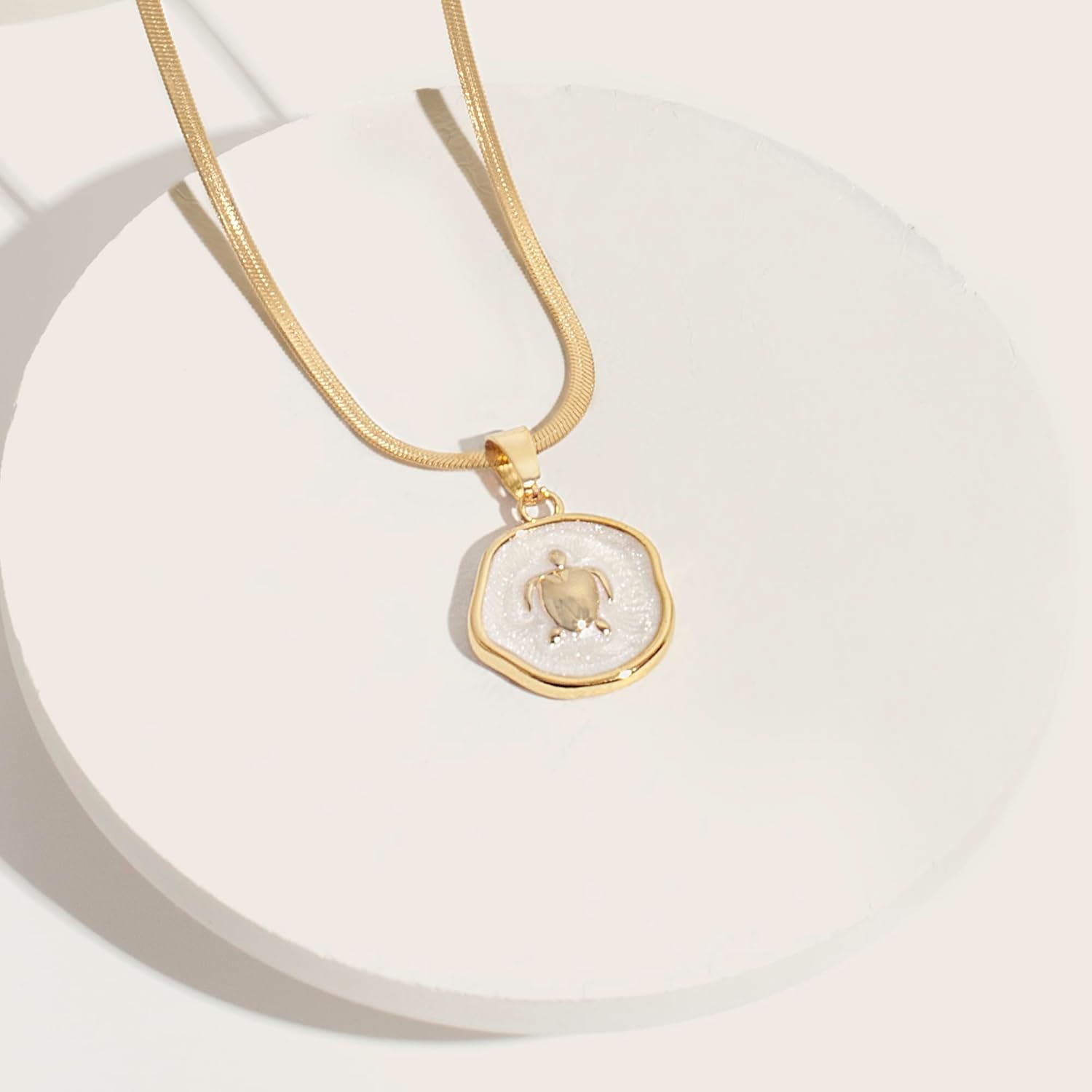 Women Sea Turtle Enamel Pendant Necklace 18K Gold Plated Coin Medallion Modern Minimalist Jewelry for Her Organic Shape White & Gold