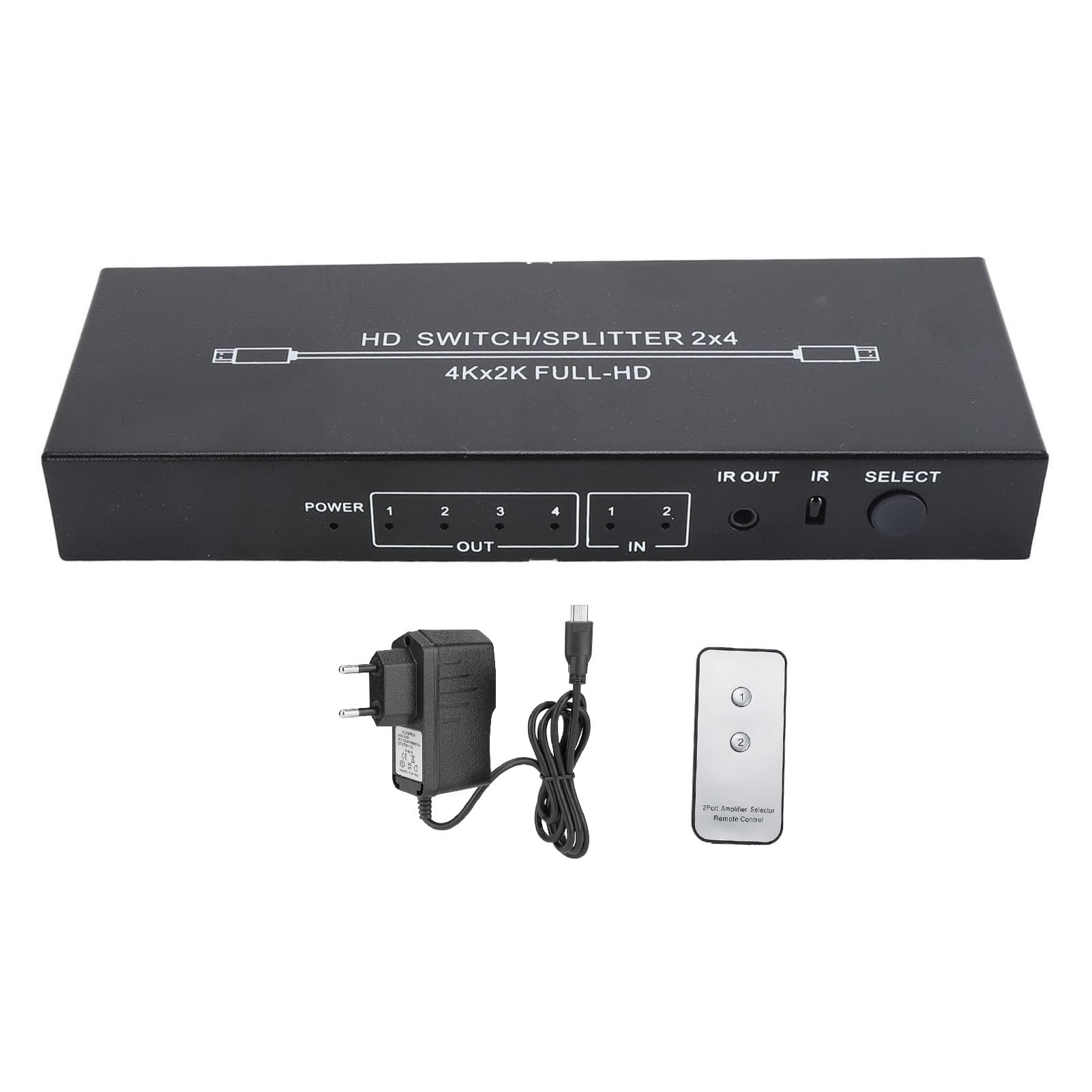 Splitter HDMI 2 in 4 Uscite, HDMI 4K con Telecomando per Collegare Desktop, Laptop, Console di Gioco a Monitor, TV, Proiettori (Spina europea)