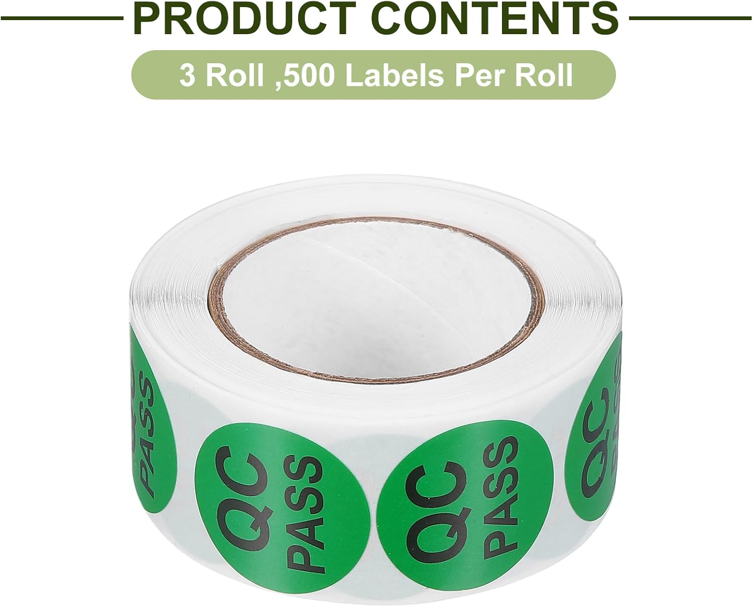 A single roll of QC Pass labels with text 'PRODUCT CONTENTS 3 Roll, 500 Labels Per Roll'