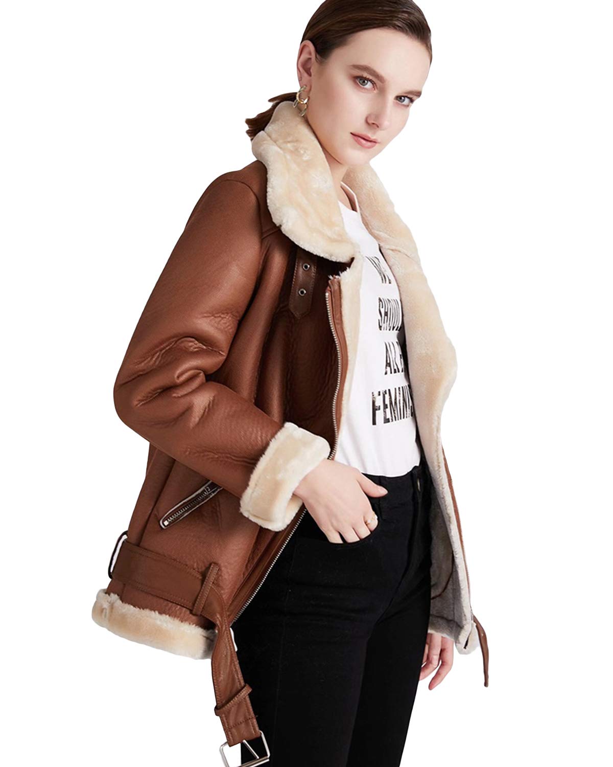 LY VAREY LIN Women's Faux Shearing Moto Jacket Thick Lined Parka Winter Shearling Coat Leather Jacket