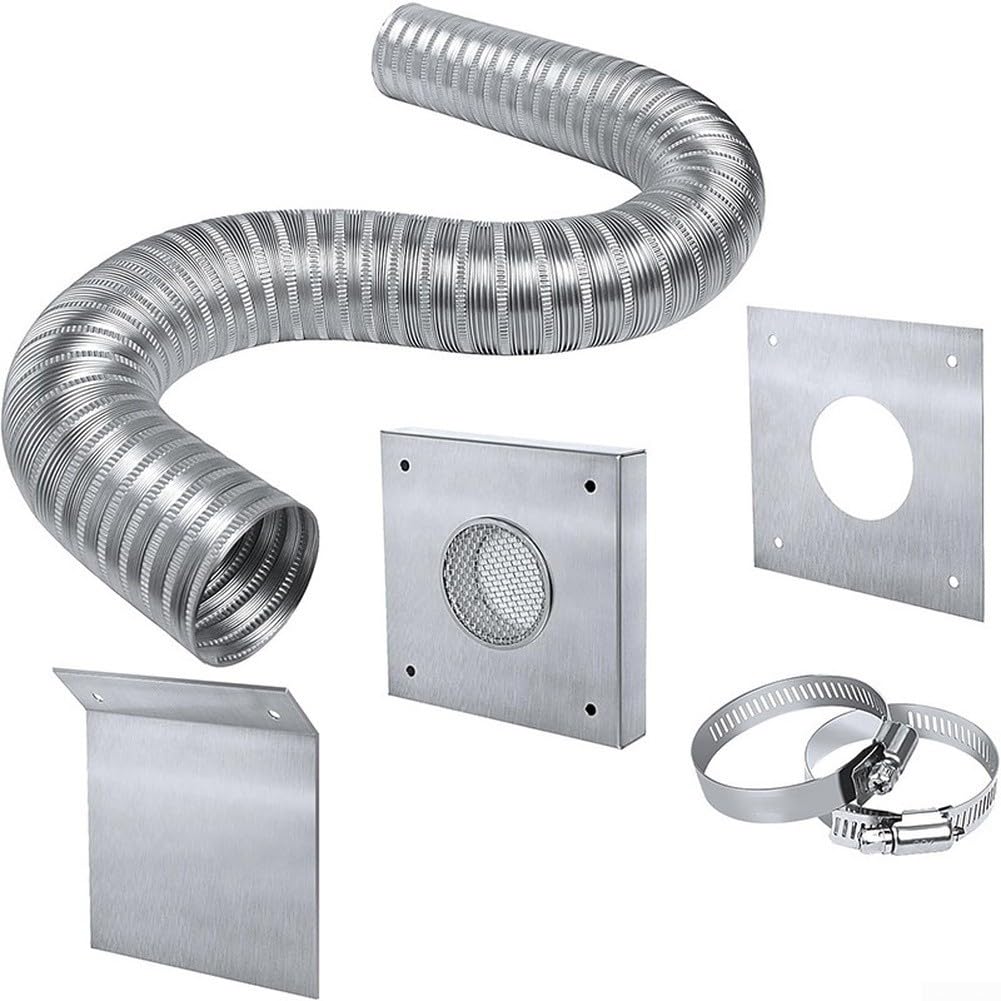 Pelletofen Lufteinlass-Set mit 5,1 cm Edelstahl-Wandplatte, 152,4 cm flexiblem Aluminiumschlauch und Sieb für Belüftung