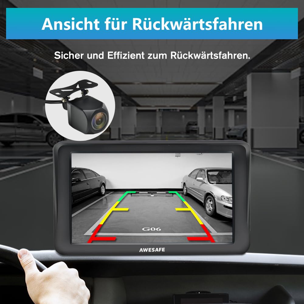 AWESAFE Bluetooth Navigationsgerät für Auto mit Rückfahrkamera, 7 Zoll Touchscreen, 2023 Europa Karten unterstützt lebenslang kostenloses, GPS Navigation für Auto PKW KFZ LKW