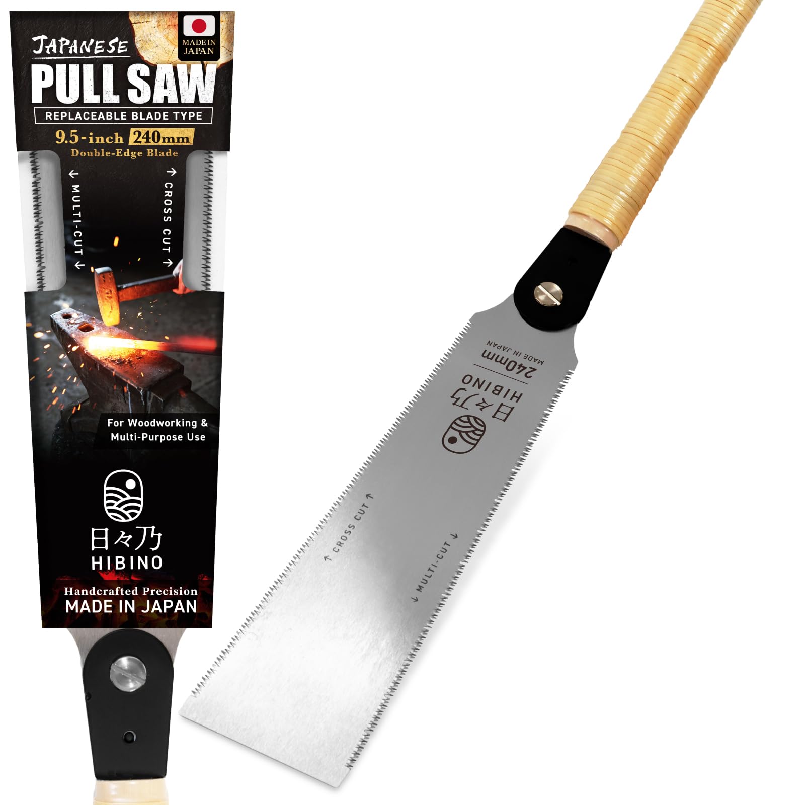 HIBINO Japanese Pull Saw 9.5 Inch Ryoba | Made in Japan | Double Edge 17 TPI Rip & Crosscut Blade | Lightweight Handsaw for Woodworking, Dovetails &