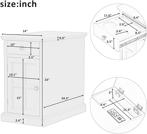 Miniatura 2 de Mesa auxiliar pequeña con estación de carga, puertos USB, bandeja extraíble oculta, mesa auxiliar con armario de almacenamiento, mesa decorativa
