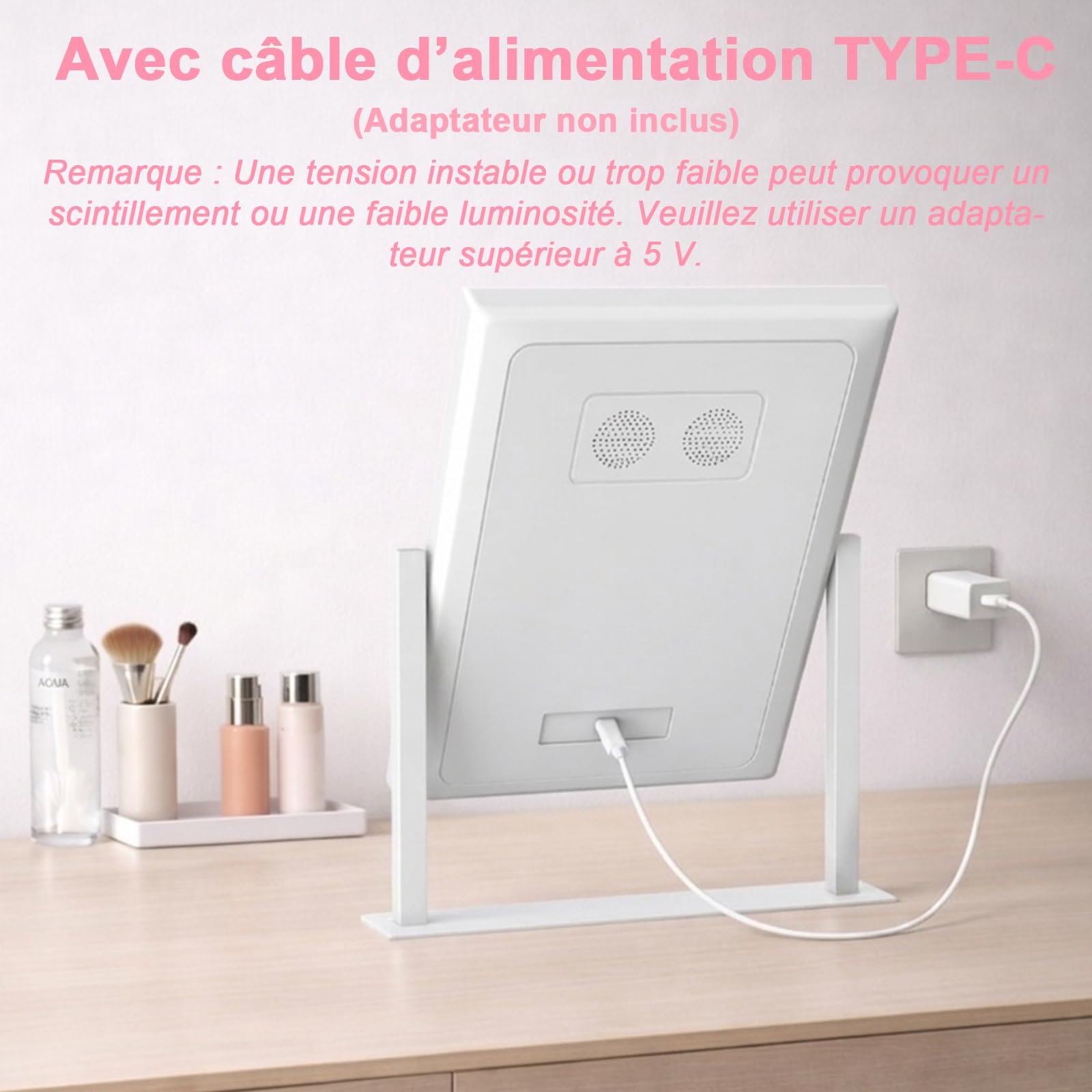 AIMAX Miroir Coiffeuse de Maquillage Lumineux, 27,5 x 37,5 cm, Rotation à 360°, Miroir cosmétique avec LED, 3 Modes d'éclairage et intensité Variable, contrôle Tactile, Miroir de Table pour Coiffeuse