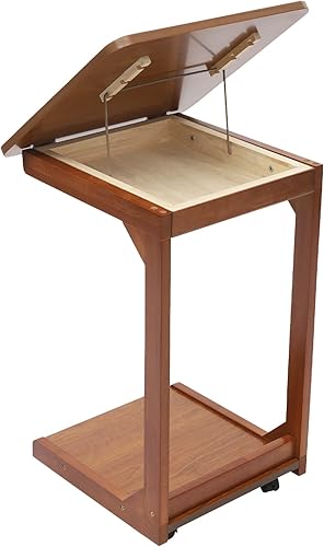 Miniatura 6 de Mesa auxiliar en forma de C con ruedas, mesa auxiliar de madera de 2 niveles para sofá, bandeja de TV, mesa de lectura con almacenamiento ajustable