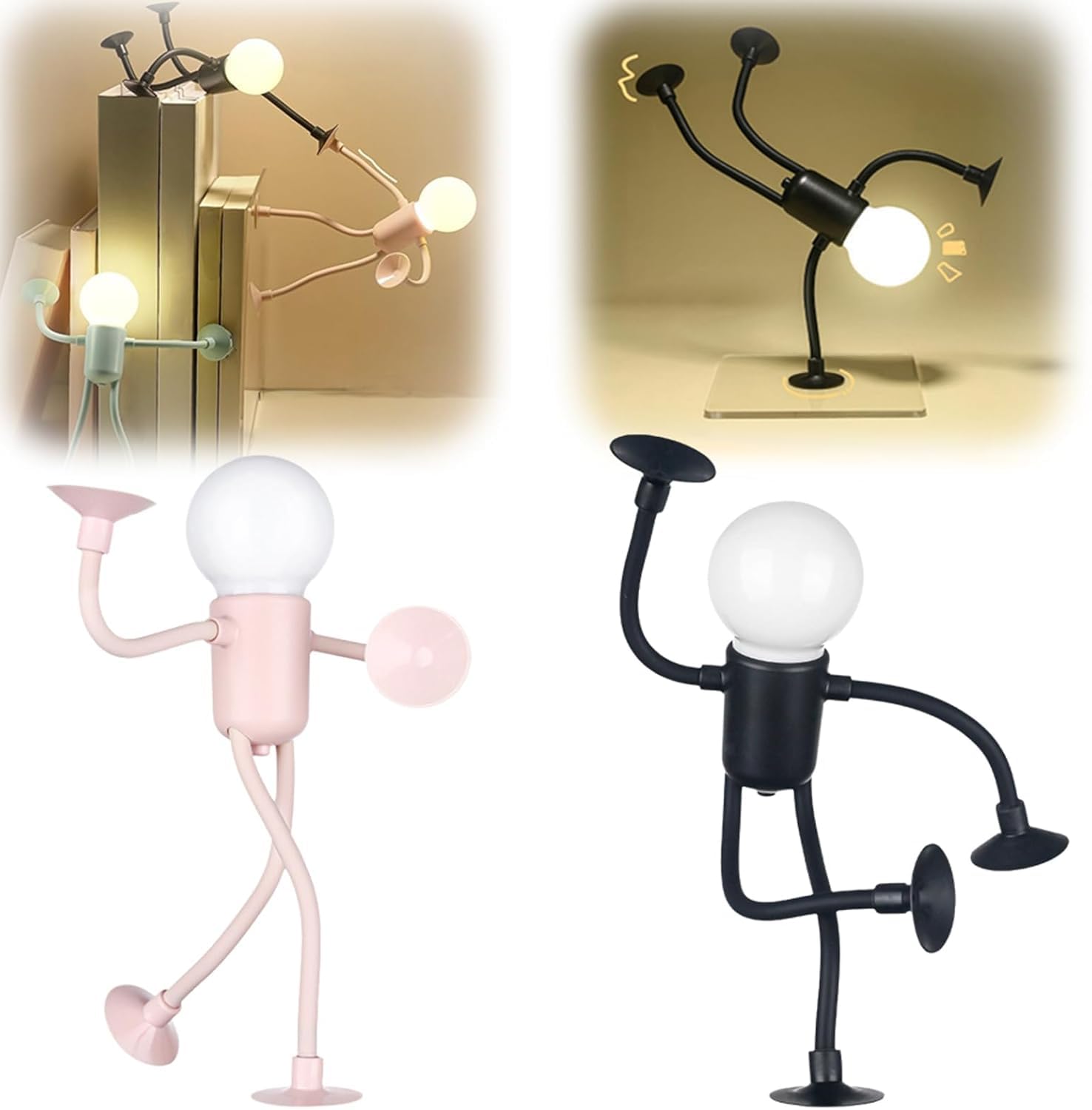 2025 Fun Night Light with Suction Cup,Changeable Shape Funny Sportsman,Cute Light Bulb Man minis Night Light,Bendable Desk Lamp Ornaments for Home (Black+Pink)