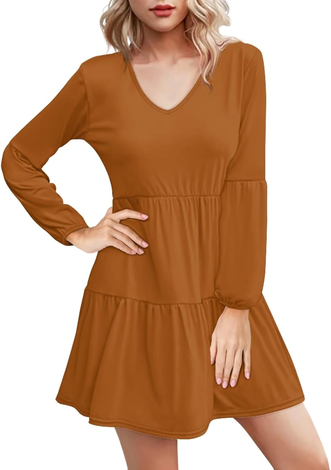 Long Sleeve Dress for Women Floral V Neck Lantern Sleeve Fashion Tunic Dress Knee Length Casual Swing Shift Dress - Image 5