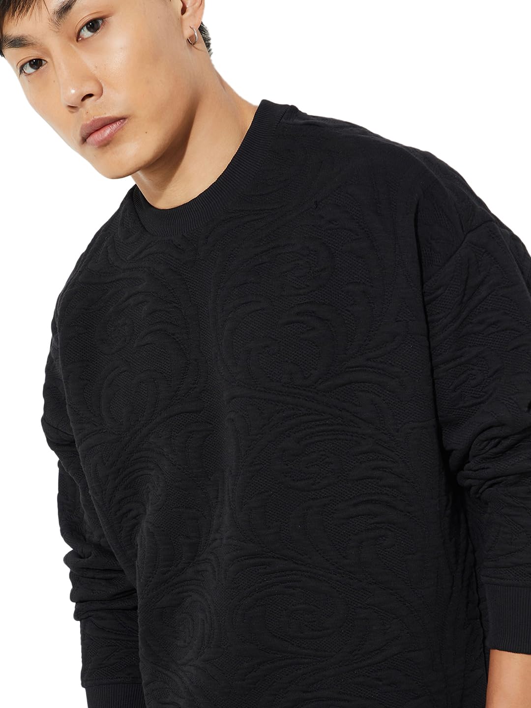 Men Cotton Blend Crew Neck URB_N Oversized Textured Sweatshirt-image-10