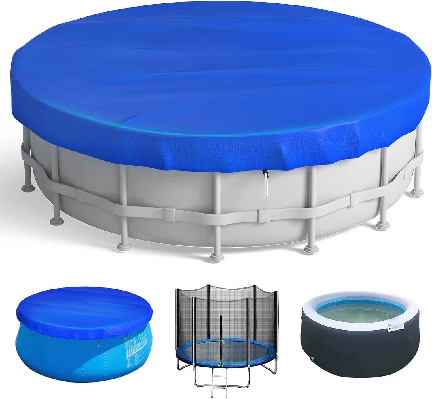 15FT Pool Cover, 15 Foot Waterproof Swimming Pool Cover for Inflatable Frame Pool, Hot Tub Spa Trampolines Covers with Drawstring Design, 15 ft Round Pools Covers for Paddling Above Ground Pools