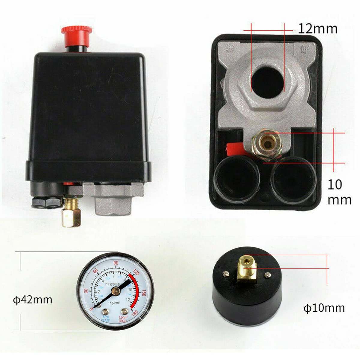 90-120PSI Pressostato compressore d'aria Collettore Regolatore Manometri Controllo 220-380V Alluminio(Black)