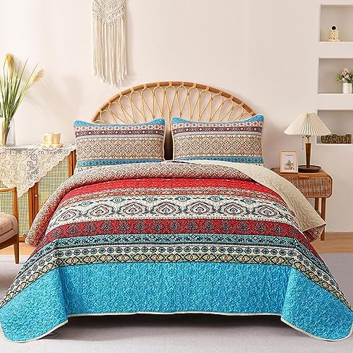 Bohemian Quilt Set King,Purple Teal Boho Quilt Coverlet